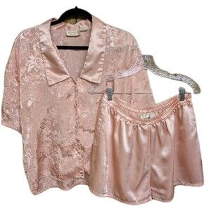 VTG Victoria’s Secret Gold Label 2 Pc Pajama Loungewear Set M Pink Satin FLAWS**